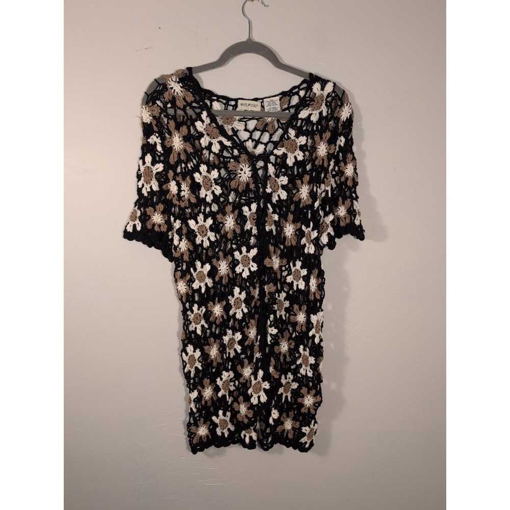 VTG White Stag Women's Crochet Floral Button-Up Open Knit Short Sleeve Sweater L